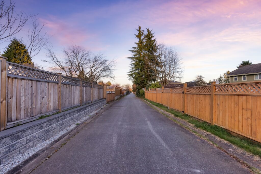 Alley in a residential neighborhood in the city suburbs. Surrey, Greater Vancouver