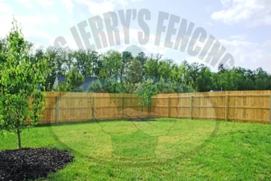 Wood fence - with Stockade Gate - Dog ear pickets installed side by side - privacy fence from Big Jerry's Fencing - This style is called The "Baxter"