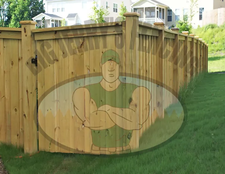 The McWorter custom wood fence, featuring a board-on-board design with elegant cap and trim, offers a modern, statement-making appearance with centered pickets and visible posts, ensuring the fence is visually appealing from all angles, perfect for homes seeking a stylish and high-visibility fencing solution.