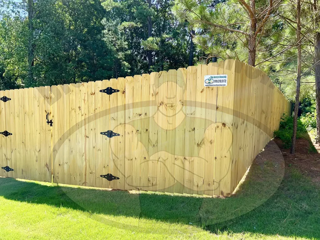 Wood fence - with Stockade Gate - Dog ear pickets installed side by side - privacy fence from Big Jerry's Fencing - This style is called The "Baxter"